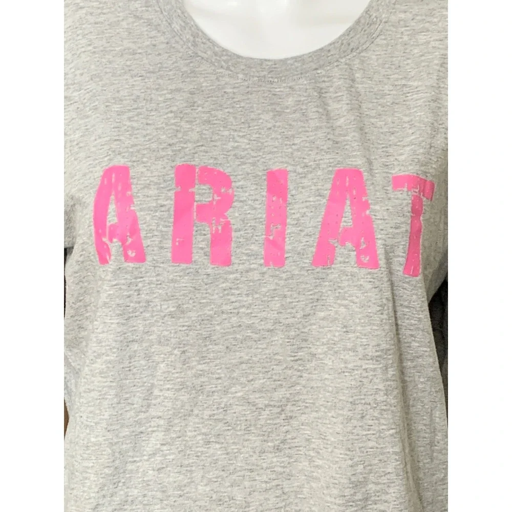 Ariat Women's Long Sleeve Graphic Tee Gray Pink Logo Cotton Western Top L